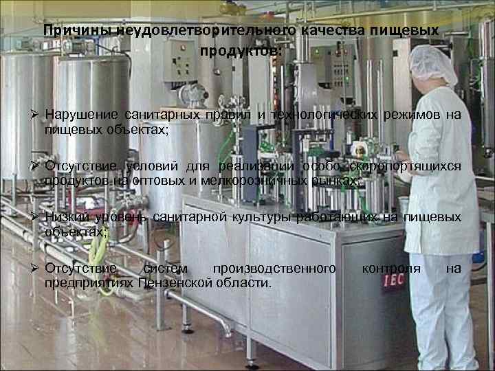 Причины неудовлетворительного качества пищевых продуктов: Ø Нарушение санитарных правил и технологических режимов на пищевых