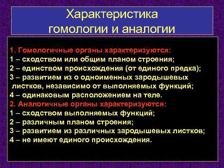 Характеристика гомологии и аналогии 1. Гомологичные органы характеризуются: 1 – сходством или общим планом