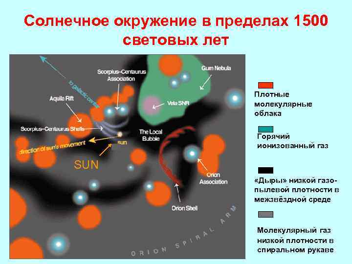 Солнечное окружение в пределах 1500 световых лет Плотные молекулярные облака Горячий ионизованный газ SUN