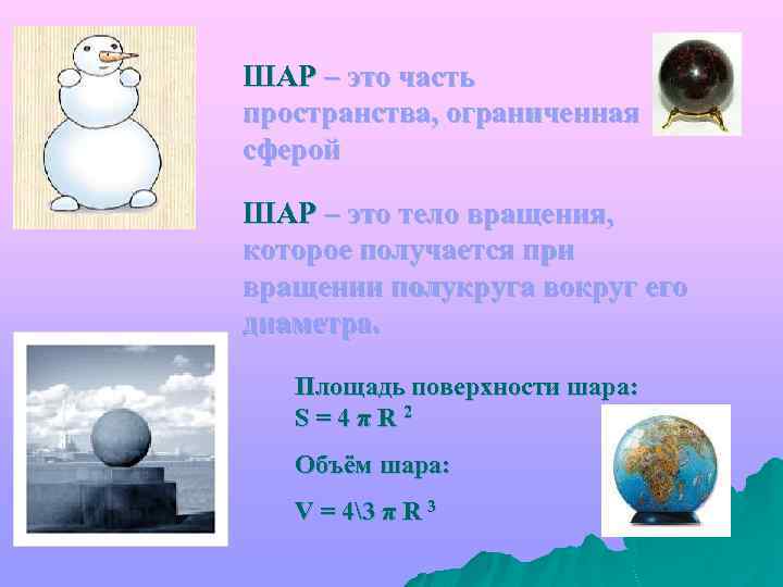 ШАР – это часть пространства, ограниченная сферой ШАР – это тело вращения, которое получается