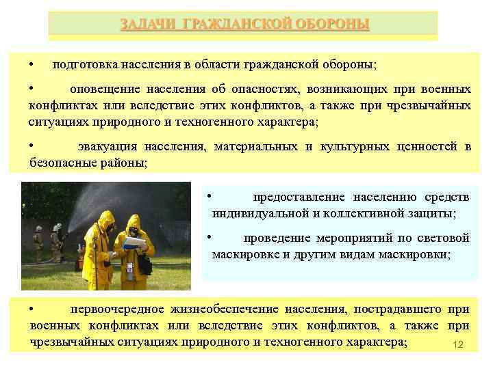 • подготовка населения в области гражданской обороны; • оповещение населения об опасностях, возникающих