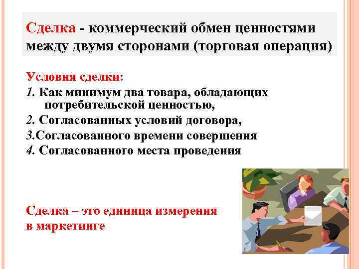 Сделка - коммерческий обмен ценностями между двумя сторонами (торговая операция) Условия сделки: 1. Как