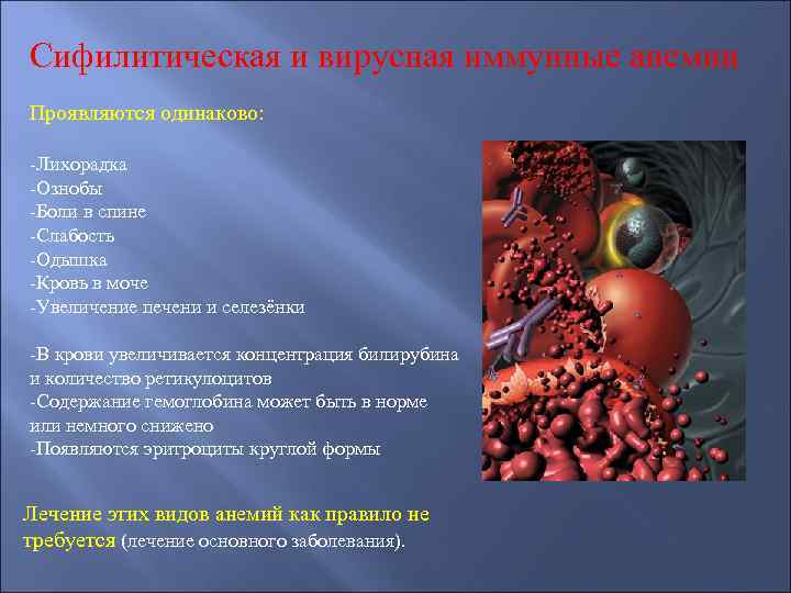 Сифилитическая и вирусная иммунные анемии Проявляются одинаково: -Лихорадка -Ознобы -Боли в спине -Слабость -Одышка