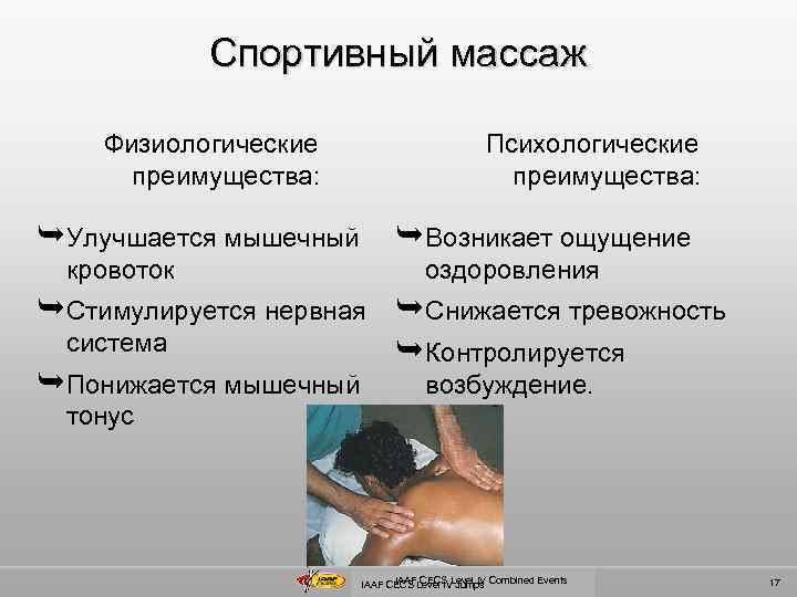Спортивный массаж Физиологические преимущества: ÊУлучшается мышечный кровоток Психологические преимущества: ÊВозникает ощущение оздоровления ÊСтимулируется нервная