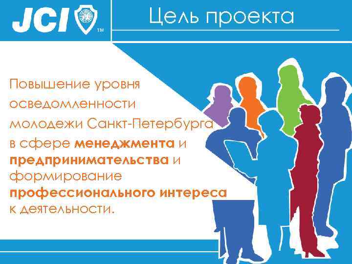 Цель проекта Повышение уровня осведомленности молодежи Санкт-Петербурга в сфере менеджмента и предпринимательства и формирование