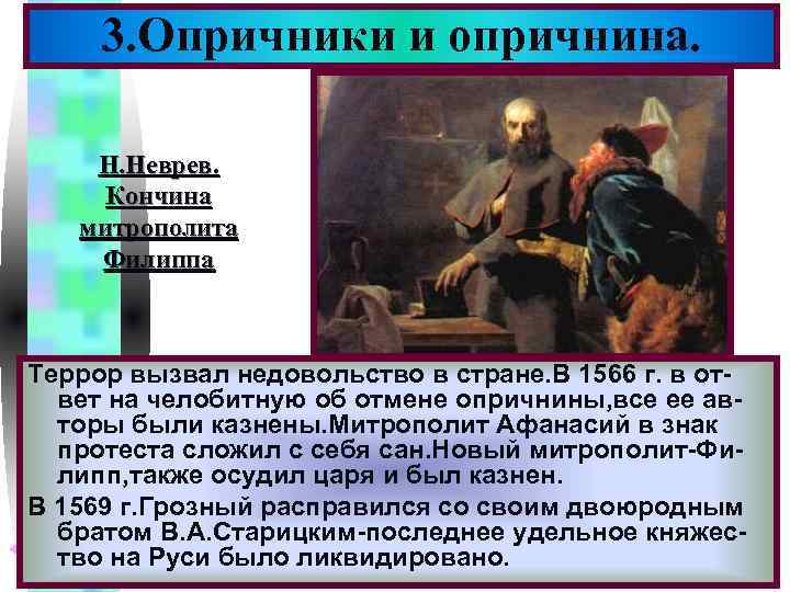 Меню 3. Опричники и опричнина. Н. Неврев. Кончина митрополита Филиппа Террор вызвал недовольство в