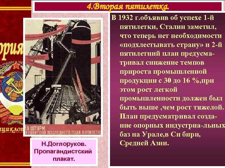 4. Вторая пятилетка. Н. Доглоруков. Пропагандистский плакат. В 1932 г. объявив об успехе 1