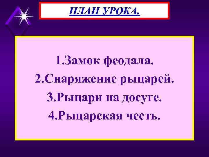 ПЛАН УРОКА. 1. Замок феодала. 2. Снаряжение рыцарей. 3. Рыцари на досуге. 4. Рыцарская