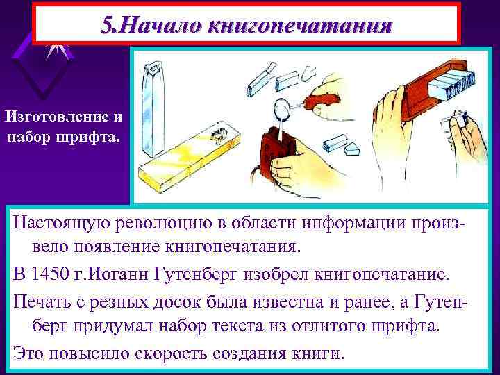 5. Начало книгопечатания Изготовление и набор шрифта. Настоящую революцию в области информации произвело появление