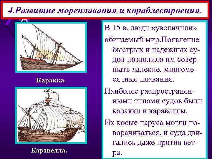 4. Развитие мореплавания и кораблестроения. Каракка. Каравелла. В 15 в. люди «увеличили» обитаемый мир.