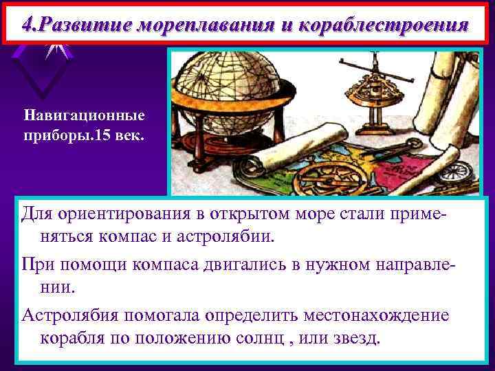 4. Развитие мореплавания и кораблестроения Навигационные приборы. 15 век. Для ориентирования в открытом море