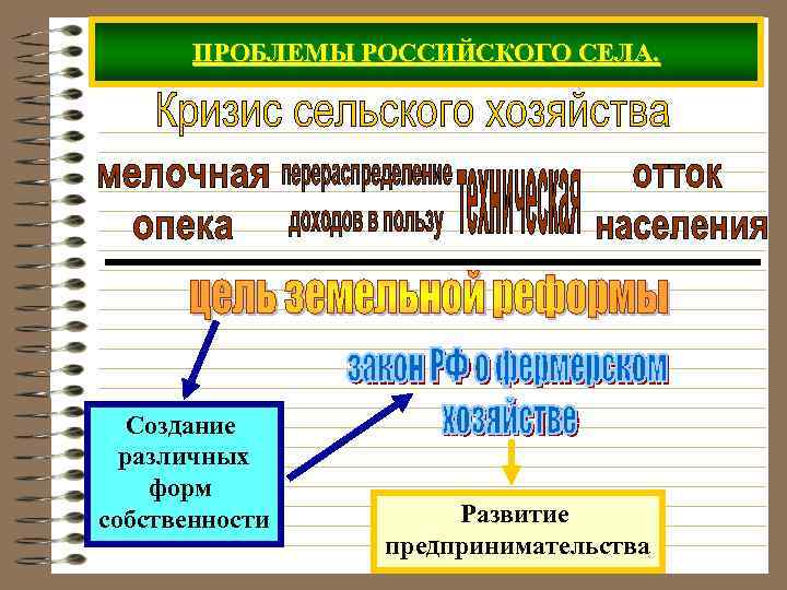 ПРОБЛЕМЫ РОССИЙСКОГО СЕЛА. Создание различных форм собственности Развитие предпринимательства 