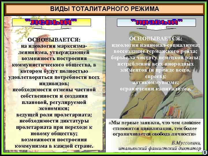 ВИДЫ ТОТАЛИТАРНОГО РЕЖИМА ОСНОВЫВАЕТСЯ: на идеологии марксизмаленинизма, утверждающей возможность построения коммунистического общества, в котором