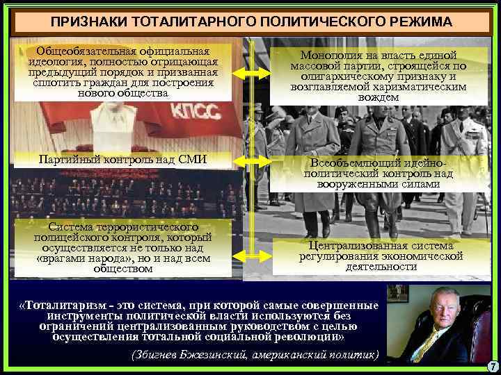 ПРИЗНАКИ ТОТАЛИТАРНОГО ПОЛИТИЧЕСКОГО РЕЖИМА Общеобязательная официальная идеология, полностью отрицающая предыдущий порядок и призванная сплотить