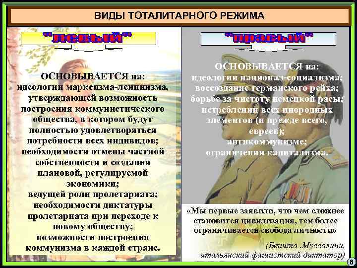 ВИДЫ ТОТАЛИТАРНОГО РЕЖИМА ОСНОВЫВАЕТСЯ на: идеологии марксизма-ленинизма, утверждающей возможность построения коммунистического общества, в котором