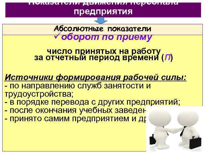 Показатели движения персонала предприятия Абсолютные показатели üоборот по приему число принятых на работу за