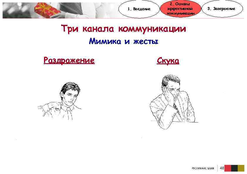 2. Основы эффективной коммуникации 1. Введение 3. Завершение Три канала коммуникации Мимика и жесты