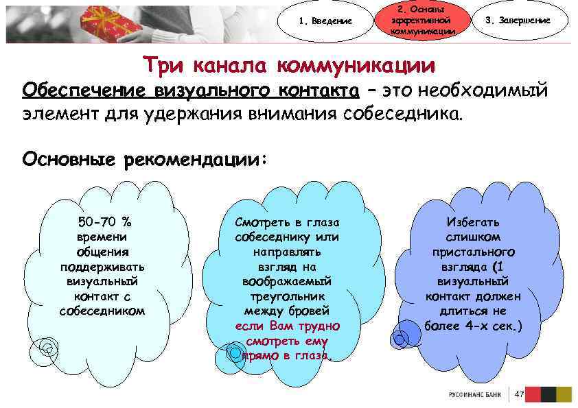 1. Введение 2. Основы эффективной коммуникации 3. Завершение Три канала коммуникации Обеспечение визуального контакта