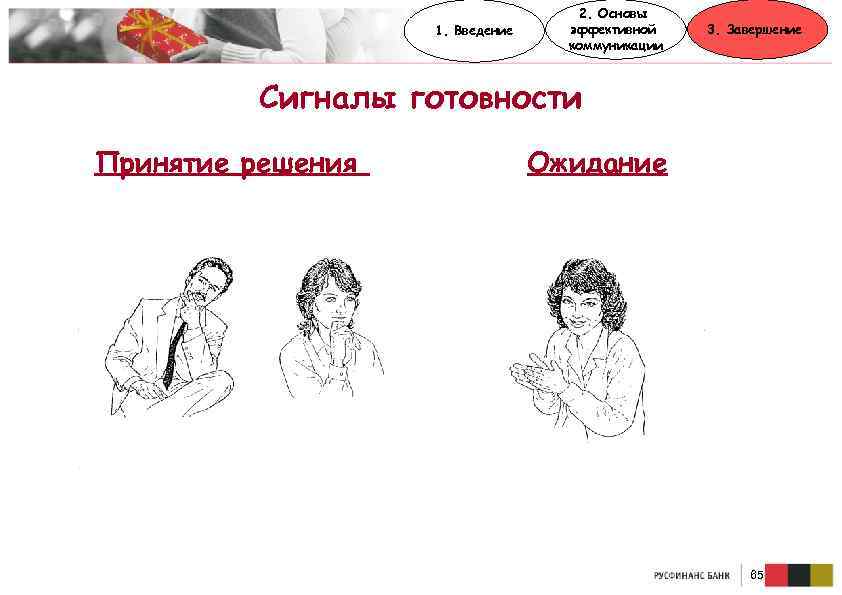 1. Введение 2. Основы эффективной коммуникации 3. Завершение Сигналы готовности Принятие решения Ожидание 65