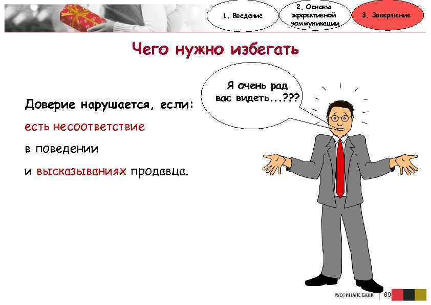 1. Введение 2. Основы эффективной коммуникации 3. Завершение Чего нужно избегать Доверие нарушается, если:
