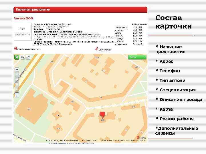 Состав карточки * Название предприятия * Адрес * Телефон * Тип аптеки * Специализация