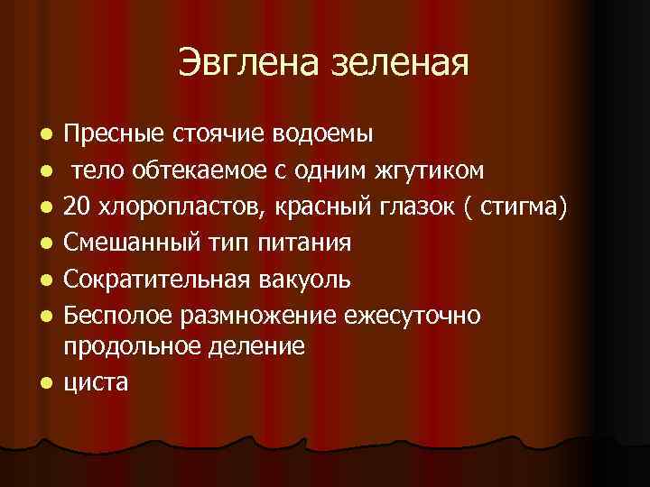 Эвглена зеленая l l l l Пресные стоячие водоемы тело обтекаемое с одним жгутиком