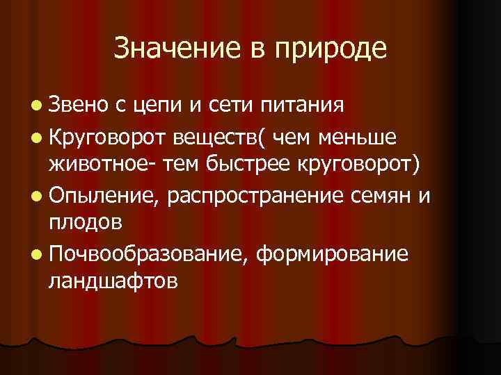 Значение в природе l Звено с цепи и сети питания l Круговорот веществ( чем
