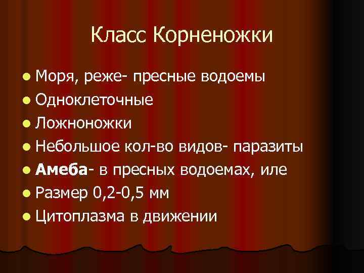 Класс Корненожки l Моря, реже- пресные водоемы l Одноклеточные l Ложноножки l Небольшое кол-во