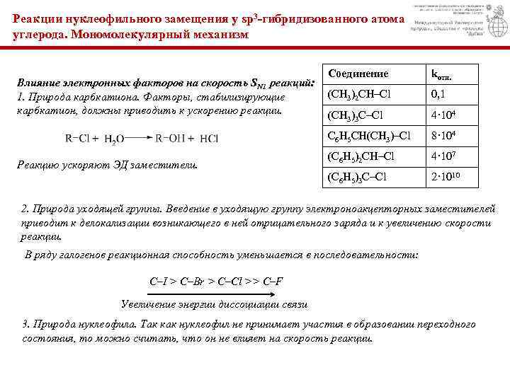 Реакции нуклеофильного замещения у sp 3 -гибридизованного атома углерода. Мономолекулярный механизм Реакцию ускоряют ЭД