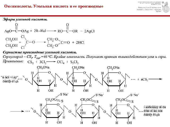 Оксикислоты. Угольная кислота и ее производные Эфиры угольной кислоты. Сернистые производные угольной кислоты. Сероуглерод