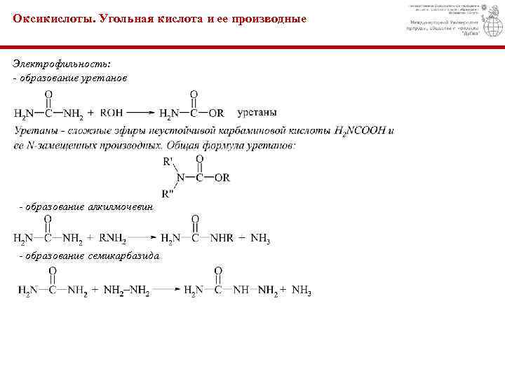Оксикислоты. Угольная кислота и ее производные Электрофильность: - образование уретанов - образование алкилмочевин -