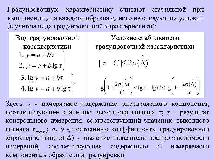 Градуировочную характеристику считают стабильной при выполнении для каждого образца одного из следующих условий (с