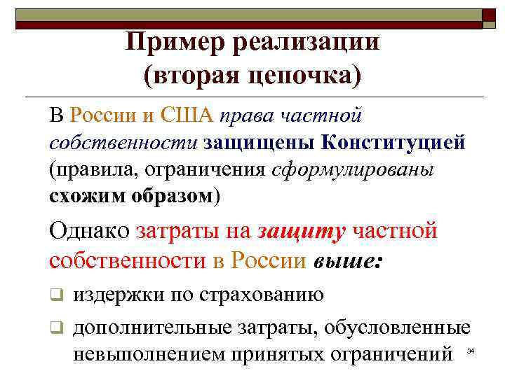 Пример реализации (вторая цепочка) В России и США права частной собственности защищены Конституцией (правила,