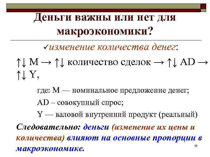 Деньги важны или нет для макроэкономики? üизменение количества денег: ↑↓ М → ↑↓ количество