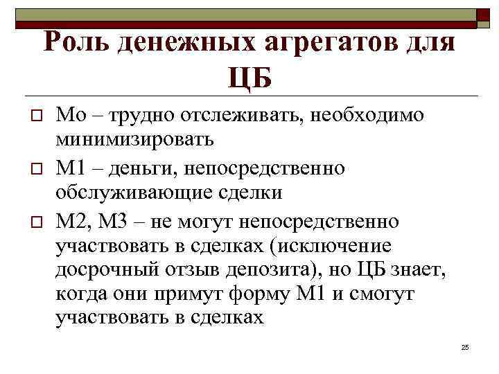 Роль денежных агрегатов для ЦБ o o o Мо – трудно отслеживать, необходимо минимизировать