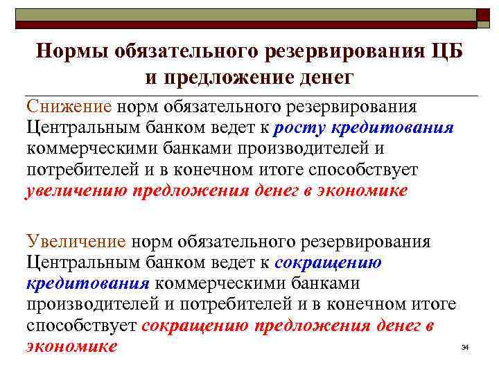 Нормы обязательного резервирования ЦБ и предложение денег Снижение норм обязательного резервирования Центральным банком ведет