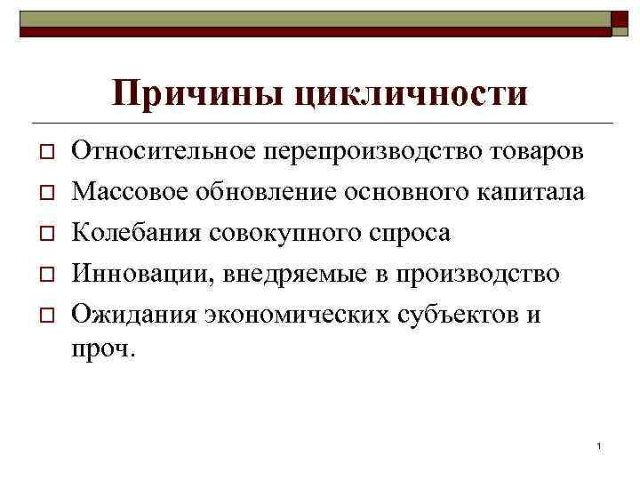 Причины цикличности o o o Относительное перепроизводство товаров Массовое обновление основного капитала Колебания совокупного