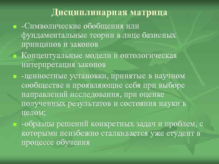 Дисциплинарная матрица n n -Символические обобщения или фундаментальные теории в лице базисных принципов и