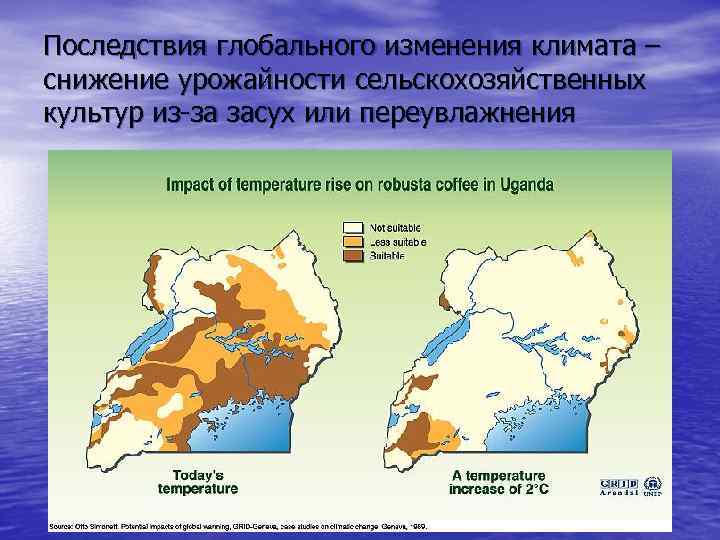 Последствия глобального изменения климата – снижение урожайности сельскохозяйственных культур из-за засух или переувлажнения 