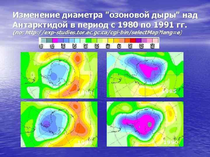 Изменение диаметра "озоновой дыры" над Антарктидой в период с 1980 по 1991 гг. (по: