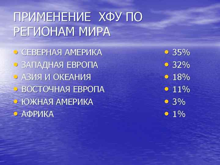 ПРИМЕНЕНИЕ ХФУ ПО РЕГИОНАМ МИРА • СЕВЕРНАЯ АМЕРИКА • ЗАПАДНАЯ ЕВРОПА • АЗИЯ И