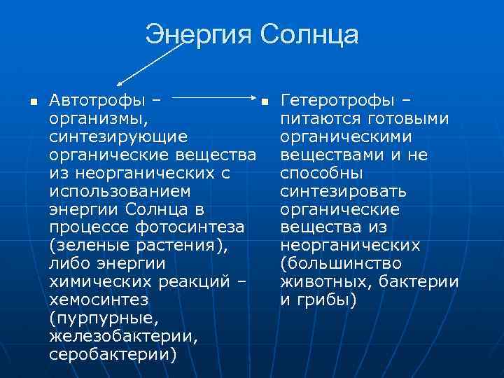 Энергия Солнца n Автотрофы – n организмы, синтезирующие органические вещества из неорганических с использованием