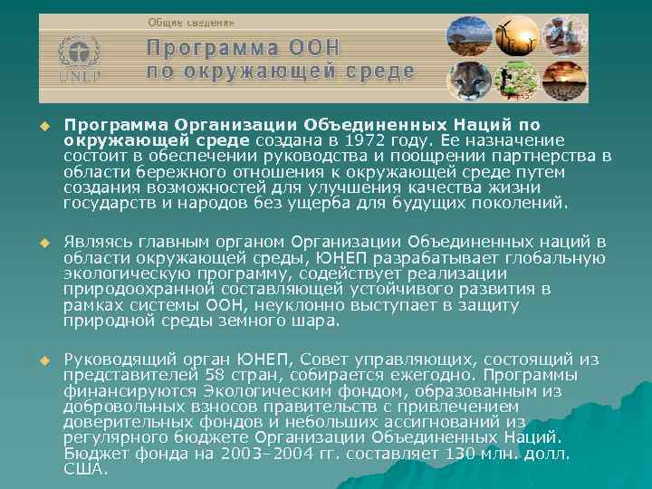 u Программа Организации Объединенных Наций по окружающей среде создана в 1972 году. Ее назначение