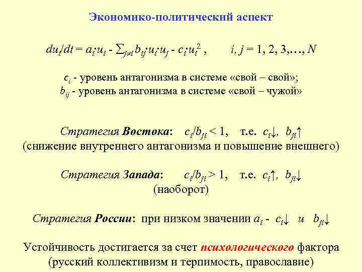 Экономико-политический аспект dui/dt = ai∙ui - j i bij∙ui∙uj - сi∙ui 2 , i,