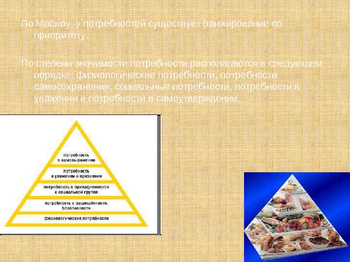 По Маслоу, у потребностей существует ранжирование по приоритету. По степени значимости потребности располагаются в