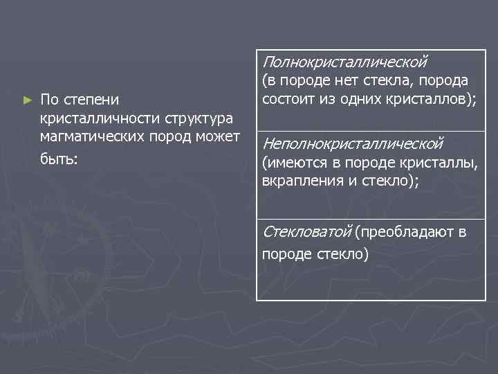Полнокристаллической ► По степени кристалличности структура магматических пород может быть: (в породе нет стекла,
