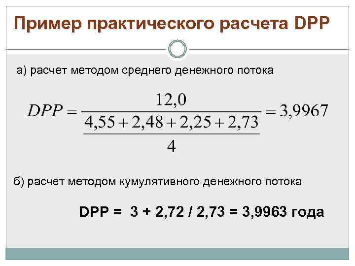 Пример практического расчета DPP а) расчет методом среднего денежного потока б) расчет методом кумулятивного
