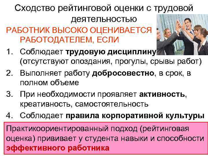 Сходство рейтинговой оценки с трудовой деятельностью РАБОТНИК ВЫСОКО ОЦЕНИВАЕТСЯ РАБОТОДАТЕЛЕМ, ЕСЛИ 1. Соблюдает трудовую
