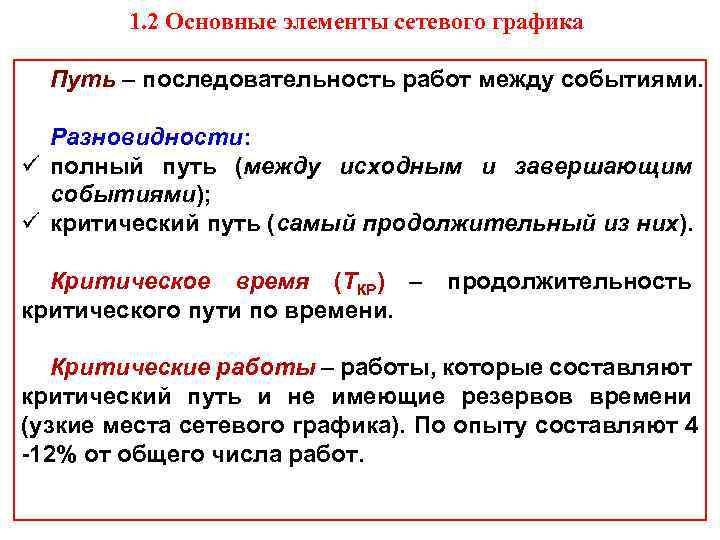 1. 2 Основные элементы сетевого графика Путь – последовательность работ между событиями. Разновидности: ü