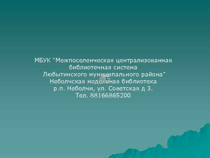МБУК “Межпоселенческая централизованная библиотечная система Любытинского муниципального района” Неболчская модельная библиотека р. п. Неболчи,